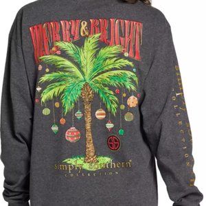 Womens Simply Southern Long Sleeve Shirt Small Christmas Merry & Bright Gray NEW